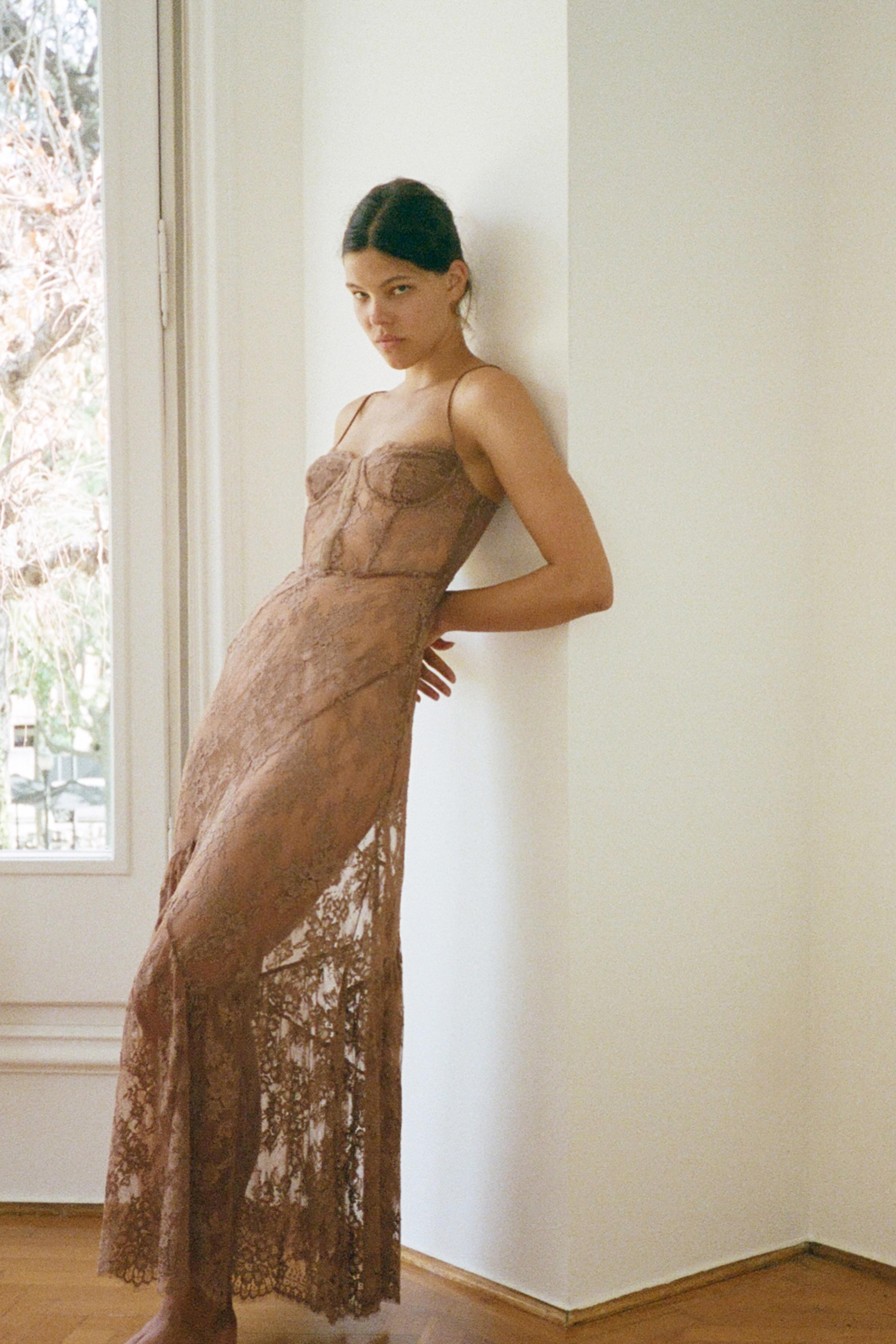 RING-DETAIL LACE STRAPPY DRESS